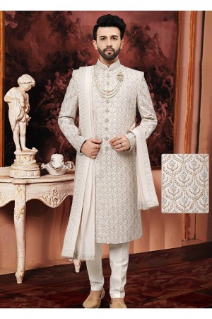 Classic  White Silk Sherwani 